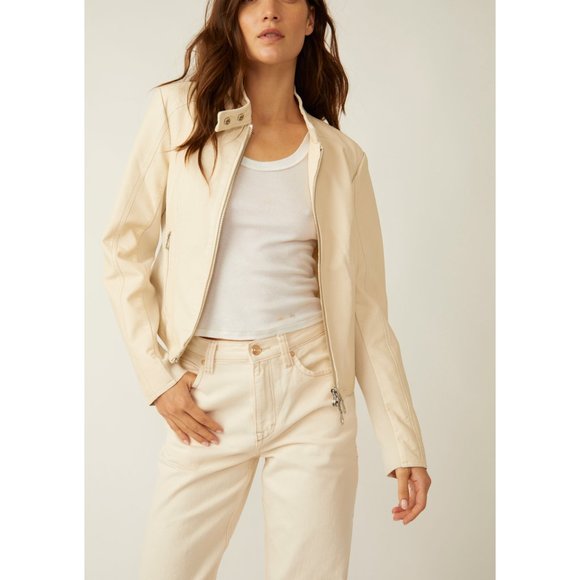 🆕 FREE PEOPLE Max Vegan Moto Jacket / Bone - Picture 2 of 5